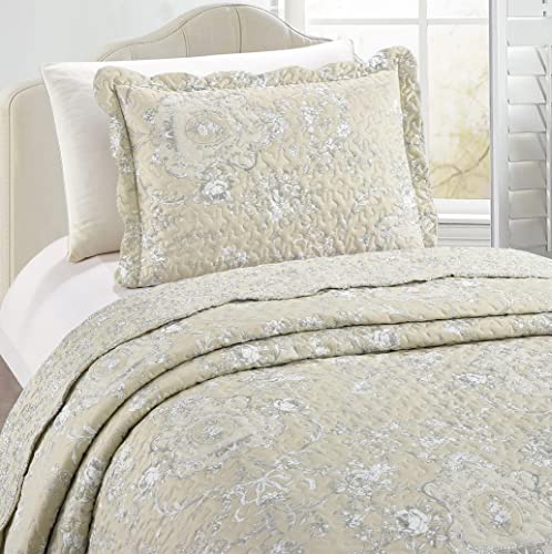 Classic Grey Floral Toile in Beige Hues Quilt Set (2 Count)