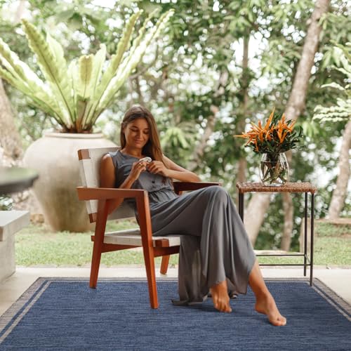 Outdoor Rug 8x10 Bordered Navy Blue Gray Modern Area Rugs for Indoor and Outdoor Patios (80 Sq Ft)