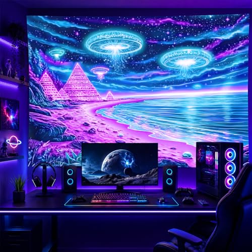 Blacklight Tapestry Alien UFO Room Decor 78 x 59 Inch