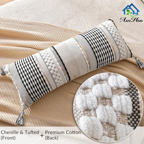 Chenille Striped Textured Boho Throw Pillow Covers Aesthetic with Tassels Woven Decorative Pillow Case for Couch Bed Sofa Bedroom Modern Funky 14 x 36