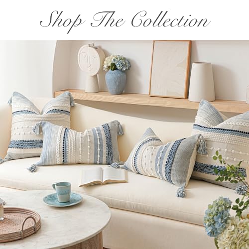 Coastal Blue Boho Decorative Throw Pillow Cover 22x22 Modern Bohemian Accent Pillow Case Square Woven Textured Farmhouse Pillows for Couch Bed