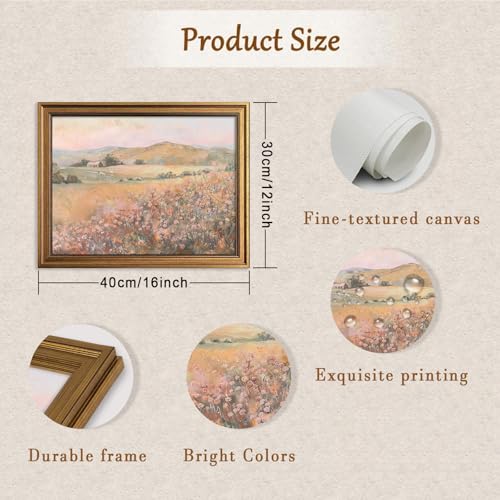 Vintage Wildflower Printing Gold Framed Wall Art Pink Flowers Landscape Canvas Artwork Natural Mounatin Pictures For Living Room Bedroom Apartment Decoration