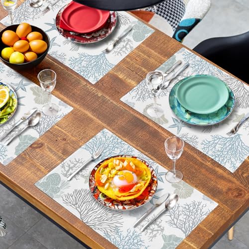 Summer Linen Placemats Set of 4 Nautical Coastal Theme Washable Non (4 Count)
