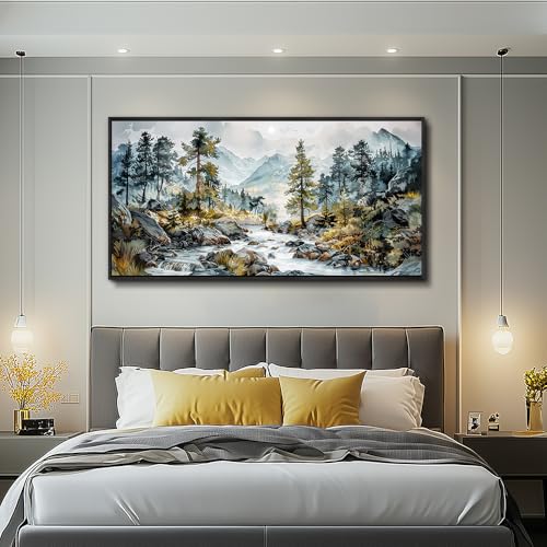 Large Canvas Printing Pictures Artwork Wall Art For Bedroom Wall Decor For Living Room Office Rivulet View Painting Forest Tree Landscape Restaurant Mural Home Decor 20x40 In Black Framed