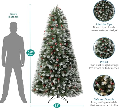 7 5ft Snow Flocked Christmas Tree with Lights Realistic Spruce Christmas Tree with Pine Cones Berries Foot Pedal 1346 Branch Tips 550 Warm Lights and Metal Stand Pre Lit Xmas