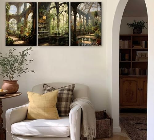 3pcs Framed William Morris Green Plants Canvas Wall Art Medieval Castle Posters Prints Gothictalian Landscape Painting Pictures Paintings Wall Decor for Living Room Bathroom Bedroom Decoration (3 Count)