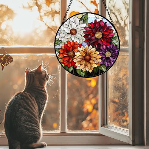 Stained Glass Window Hanging Color Dahlia Suncatcher Gifts for Women 6.3"