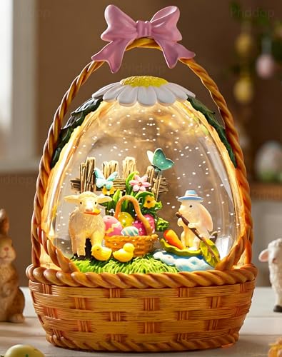 Easter Bunny Snow Globe Basket Egg Easter Decorations for Home Rabbit Sheep Chick Flower Butterfly Tabletop Glitter Snowfall USB