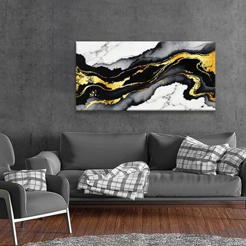 Abstract Black And Gold Wall Art For Living Room Artwork 24x48 Inch