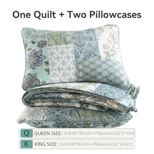 3 Piece Quilt Set King Size Patchwork Paisley Turquoise Floral