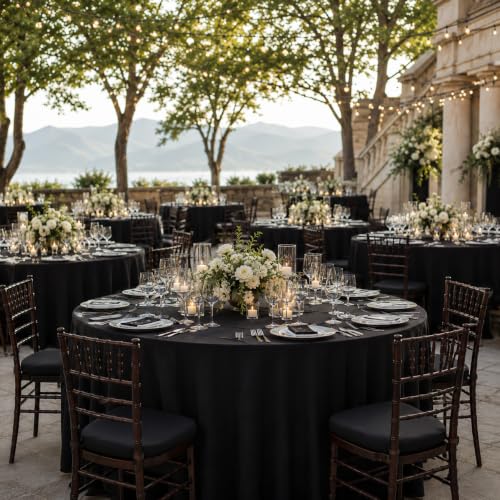 10 Pack 132 Inch Black Tablecloths for Round Tables (10 Count)