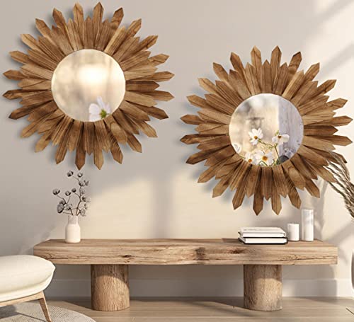 2 Pack 22 Inch Boho Wall Sunburst Mirror Rustic Round Wood Decorative Mirror Boho Wall Art Decor for Entryway Bedroom Living Room (2 Count)