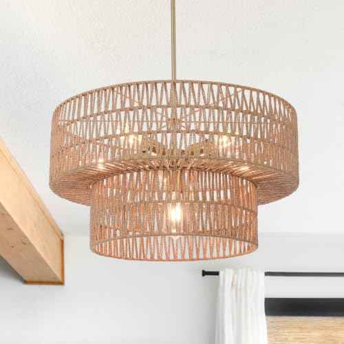 23.62" 6 Light Boho Chandelier Rattan Light Fixture Hand Woven Farmhouse Chandelier for Dining Room Ceiling Hanging Pendant Light for Kitchen Island Lighting