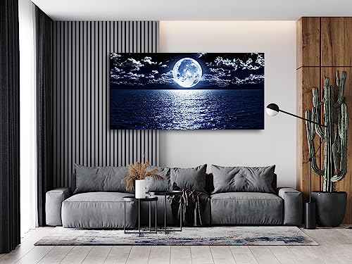 S06998 Wall Art Canvas Prints Moon Sea Ocean Landscape 1 Panels Full Moon in Cloud Pictures Paintings Stretched and Framed for Living Room Bedroom Kicthen Office Artwork
