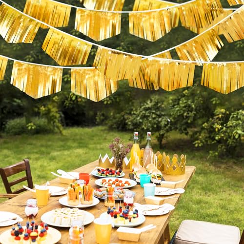 Gold Tassel Banner Double Sided Metallic Fabric Pennant Bunting Flag Garland for Graduation Birthday Anniversary Bachelorette Engagement Wedding Bridal Shower Baptism Hen Party Decorations Supplies (16.93 Foot)