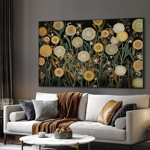 46"x72" Extra Large Framed Wall Art Whimsical Dandelion Field in Yellow and Green