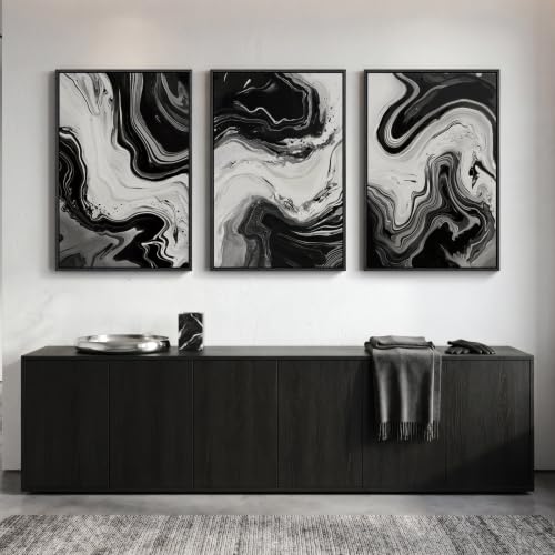 Large Framed Black and White Modern Abstract Wall Art Set of 3 (3 Count)