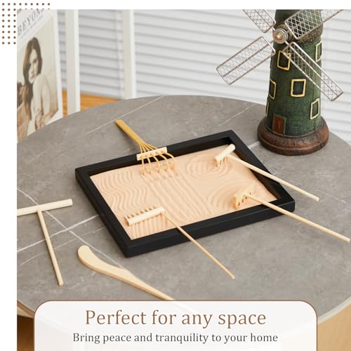 8 Pcs Mini Zen Garden Kit for Table Decor DIY Your Own Zen Garden 8.5" x 6.7" Japanese Sand Tray 6 Rake Tools Meditation Gifts Set for Home Office Tabletop Accessories Therapy Stress Relief (8 Count)