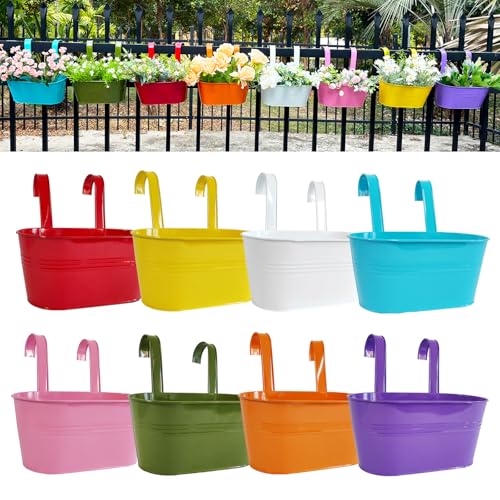 8 Pack 12" Colorful Metal Railing Planters with Hooks for Outdoor Fence (8 Count)