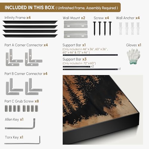 46"x72" Extra Large Framed Wall Art Rustic Mountain Pine Forest Silhouette in Warm Earth Tones for Home Living Room Bedroom Decor