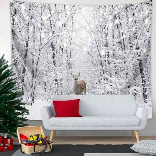 Winter Tapestry Wall Hanging Snow Scene Backdrop Winter Wonderland Wall Decor Snowy Forest Wall Art Nature Woodland Deer Tapestry for Bedroom Room Dorm Party Decoration