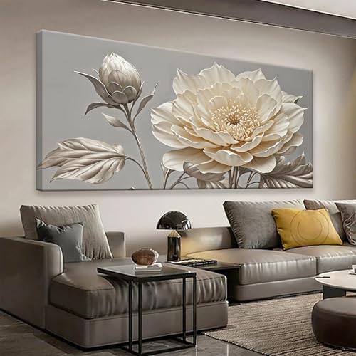White Wall Art For Living Room Silver White Flower Wall Art Print Modern Canvas Art Wall Decor Home Decor Suitable Pictures For Bedroom Apartment Office Can Be Hung 24" X 48"