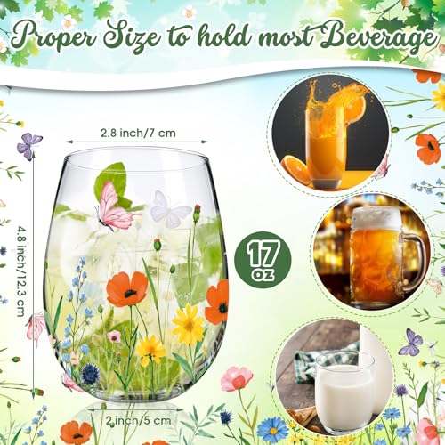 2 Pack 17oz Wildflower Stemless Wine Glasses Floral Butterfly Drinking Glasses Spring Flowers Tumbler Cups for Graduation Wedding Mother's Day Birthday Drinking Party Favors (2 Count)