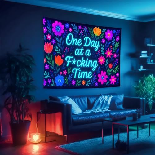 Neon Flowers Blacklight Tapestry UV Reactive Wall Hanging One Day at a F*cking Time for Bedroom Dorm Living Room Glowing Motivational Decor Fluorescent Trippy Poster 78 x 59 Inch