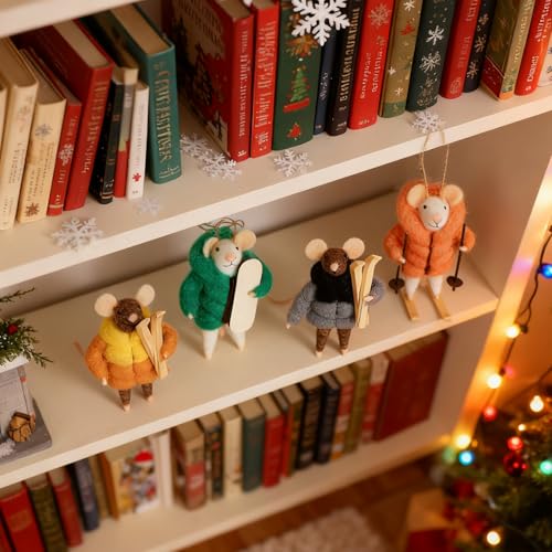 Set of 4 Christmas Felt Skiing Mice Ornaments (4 Count)