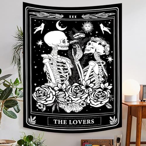 The Lovers Skull Tapestry Gothic Tapestry Vertical Black and White Skeleton Gothic Witch Sun Moon Floral Plant Snake Tapestries Wall Hanging Decor for Bedroom Dorm Room 70 x 90 Inches