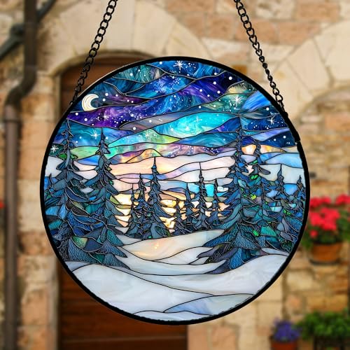 Aurora Winter Forest Stained Glass Window Hanging Suncatcher Gifts 7.8"