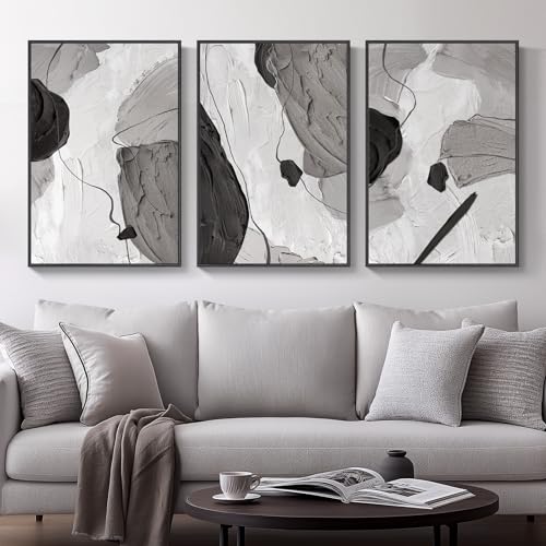Large Framed Black and White Abstract Wall Art for Living Room (3 Count)