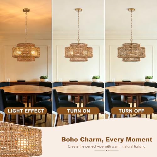 17.7" Gold Rattan Chandelier Light Fixture