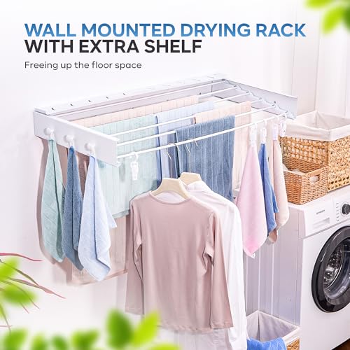 40" Premium Aluminium Foldable Clothes Drying Rack Included Shelf with 6 Rods & 6 Extra Clips