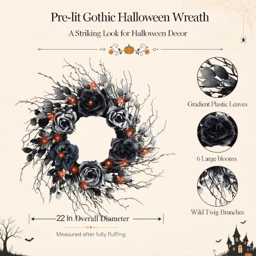 22 Inch Black and Silver Halloween Wreath with 40 Orange LEDs