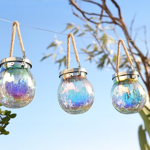 Gift for her him 2 Pack Solar Lanterns Waterproof Outdoor Iridescent Heavy Crackle Glass a Big LED Stainless Steel Lid 215% Solar for Women Mom Grandma Outdoor Table Lamps Garden Backyard Decor (2 Count)