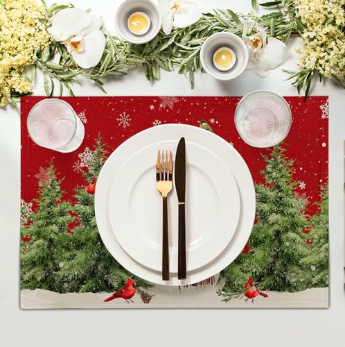 Snowman Christmas Red Placemats Set of 4 Xmas Tree Cardinal Snowflakes Linen Table Mats Seasonal Winter Holiday Place Mats Washable Placemat for Party Kitchen Dining Outdoor Indoor Decor (4 Count)