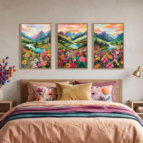 Colorful Mountain Floral Framed Canvas Wall Art Set