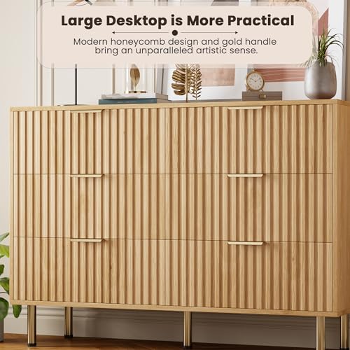 47.2" Fluted Natural 6 Drawer Dresser for Bedroom
