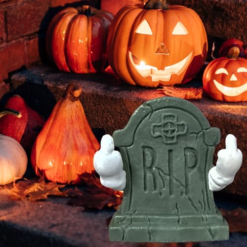 Halloween Graveyard Tombstone Statue Middle Finger Gestures Figurines Halloween Desk Ornaments Designs Spooky Mini Sculpture for Home and Office Holiday Party Decorations