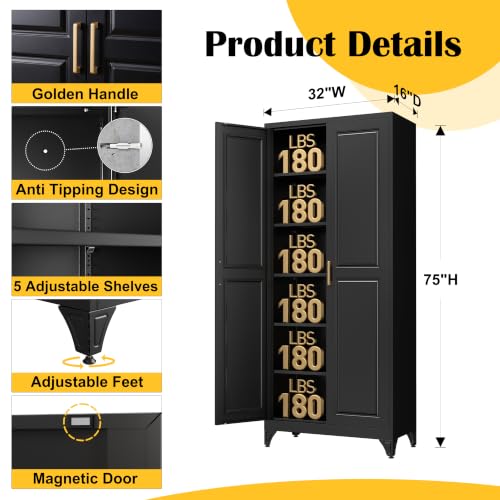 75”Metal Pantry Storage Cabinet with Doors & 5 Adjustable Shelves