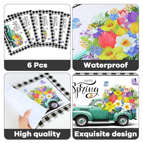 Happy Spring Placemats Set of 6 Black White Plastic Table Mat 17×13×0.04in (6 Count)