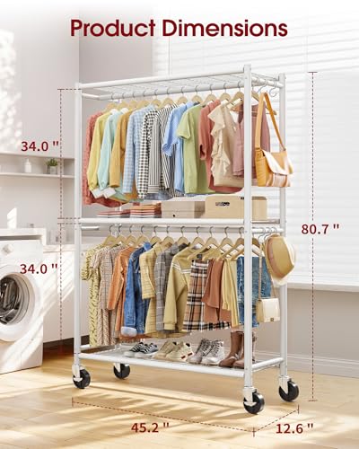 Clothes Rack Double Hanging Rod Clothing Rack with Wheels & Leveling Feet