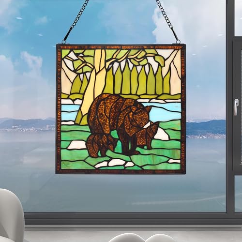 Stained Glass Window Hanging 12" Square Tiffany Animal Style Brown Bears Suncatcher Wall Decor Art Panel Includes 20" Chain and Hooks The Perfect Housewarming Gift