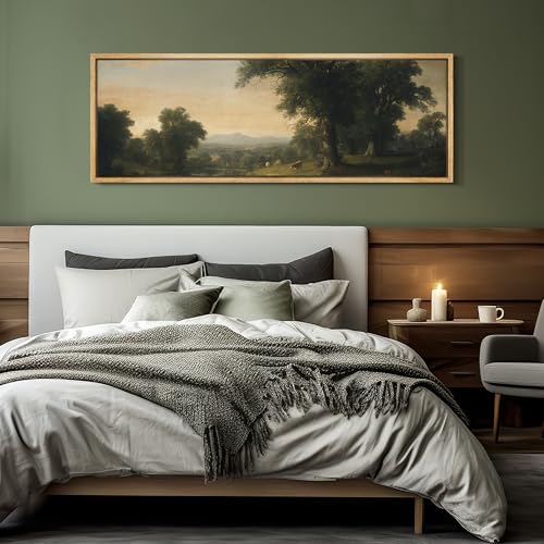 Large Framed Canvas Print Wall Art Pastoral Countryside Landscape Serene River View with Cows and Trees Illustrations Fine Art Illustrations Decorative Colorful for Bedroom