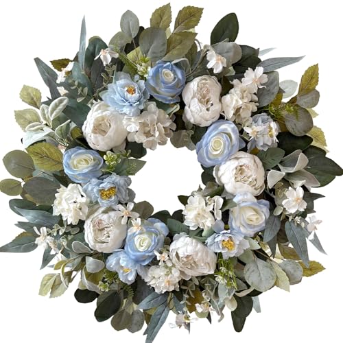 24 Inch Spring White Peony Wreath Baby Blue Rose Front Door