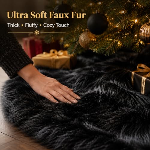 72 Inch Faux Fur Christmas Tree Skirt Black Plush Skirt for Merry Christmas Party Christmas Tree Decoration