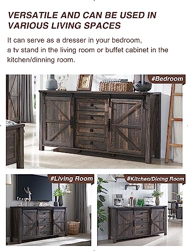 60 Inch Farmhouse Dresser with 4 Drawers and Sliding Barn Doors