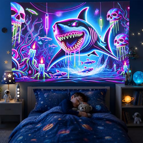 Blacklight Tapestry Shark Underwater Neon Decor 78 x 59 Inch