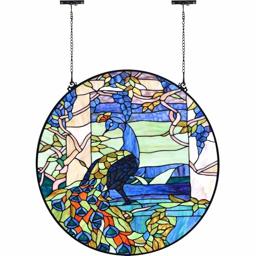 W10094 Blue Peacock Tiffany Style Stained Glass Round Window Panel